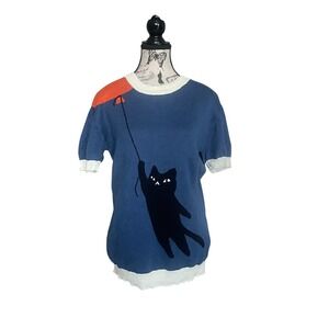 OXKNIT Women's Crew Neck Short Sleeve Knit Top Black Cat Balloon Blue